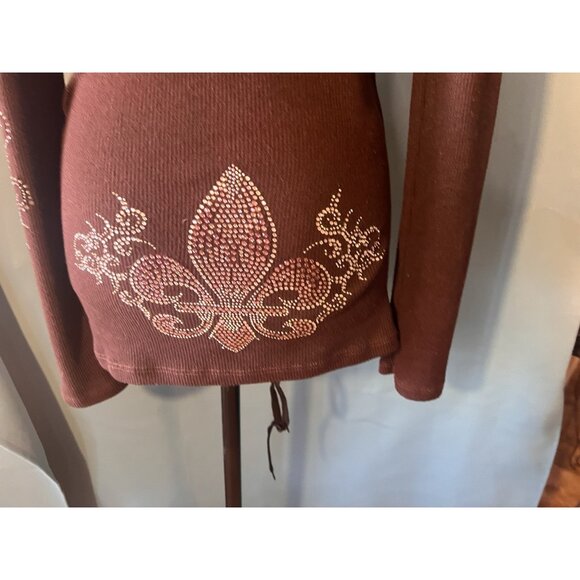 Vocal Y2K Brown Long-Sleeve Hooded Top With Rhinestone Fleur-De-Lis Womens Small - Picture 10 of 12